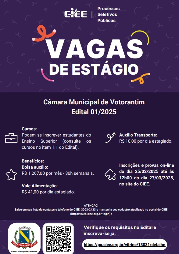 Câmara de Votorantim abre processo seletivo para estágio   