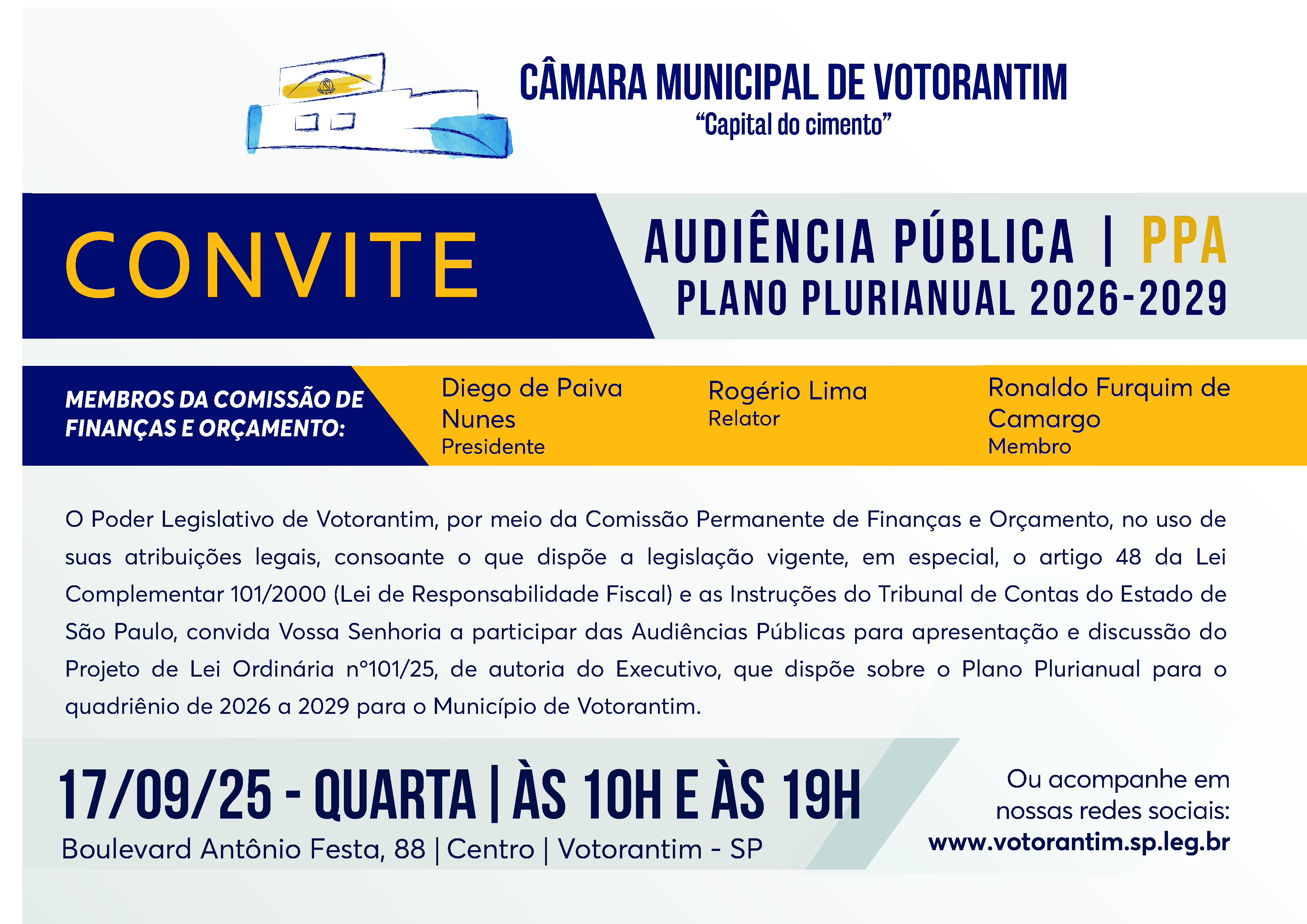 Câmara Municipal de Votorantim realiza audiência pública do PPA no dia 17 de setembro