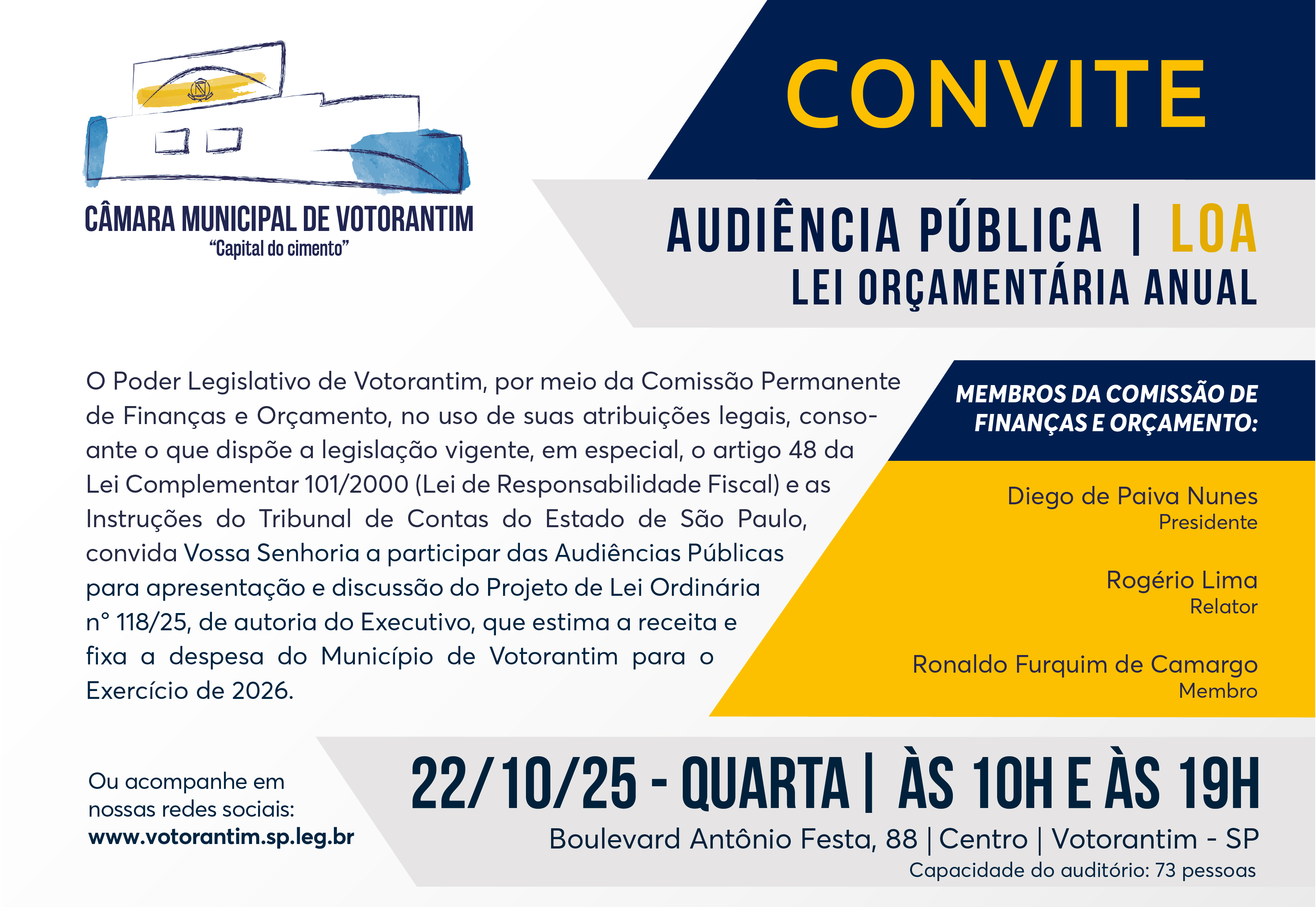 Câmara realiza audiências públicas da LOA 2026 no dia 22 de outubro