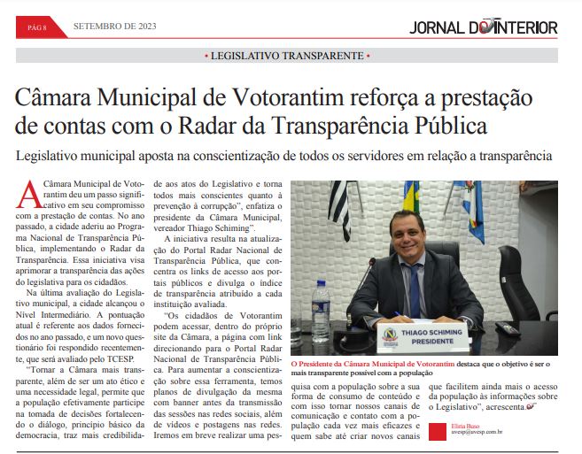 Jornal do Interior, da Uvesp, enaltece a transparência da Câmara de Votorantim   